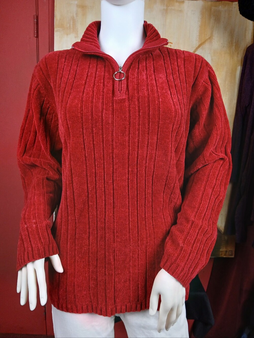 Karen Scott II Red Chenille Ribbed Quarter Zip Pullover Knit Sweater Size XL